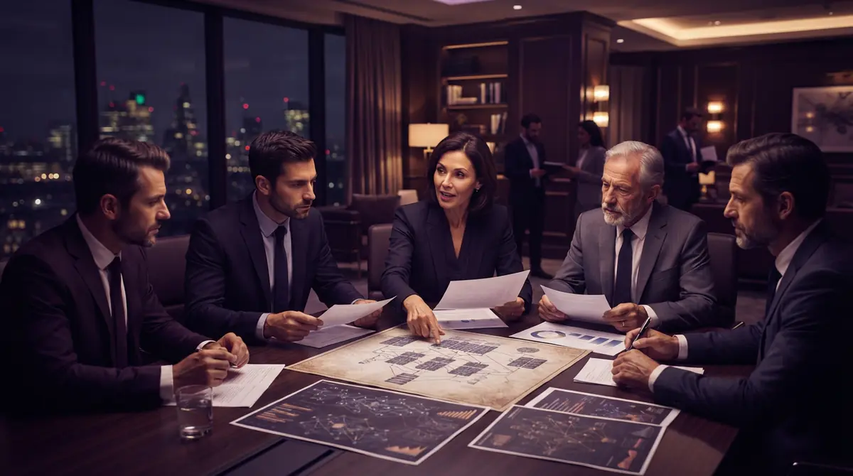 Illustration of tech executives and policymakers reviewing voluntary agreement documents