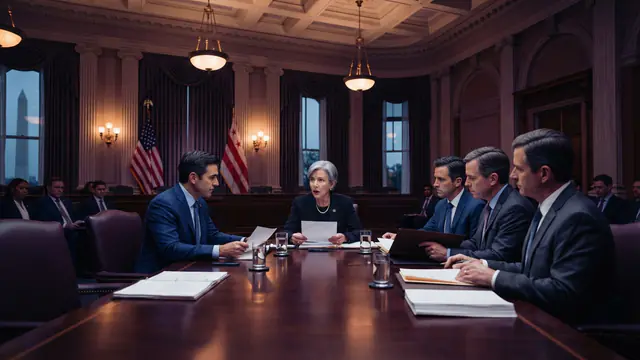 Illustration of government officials gathered around a conference table in an executive briefing room