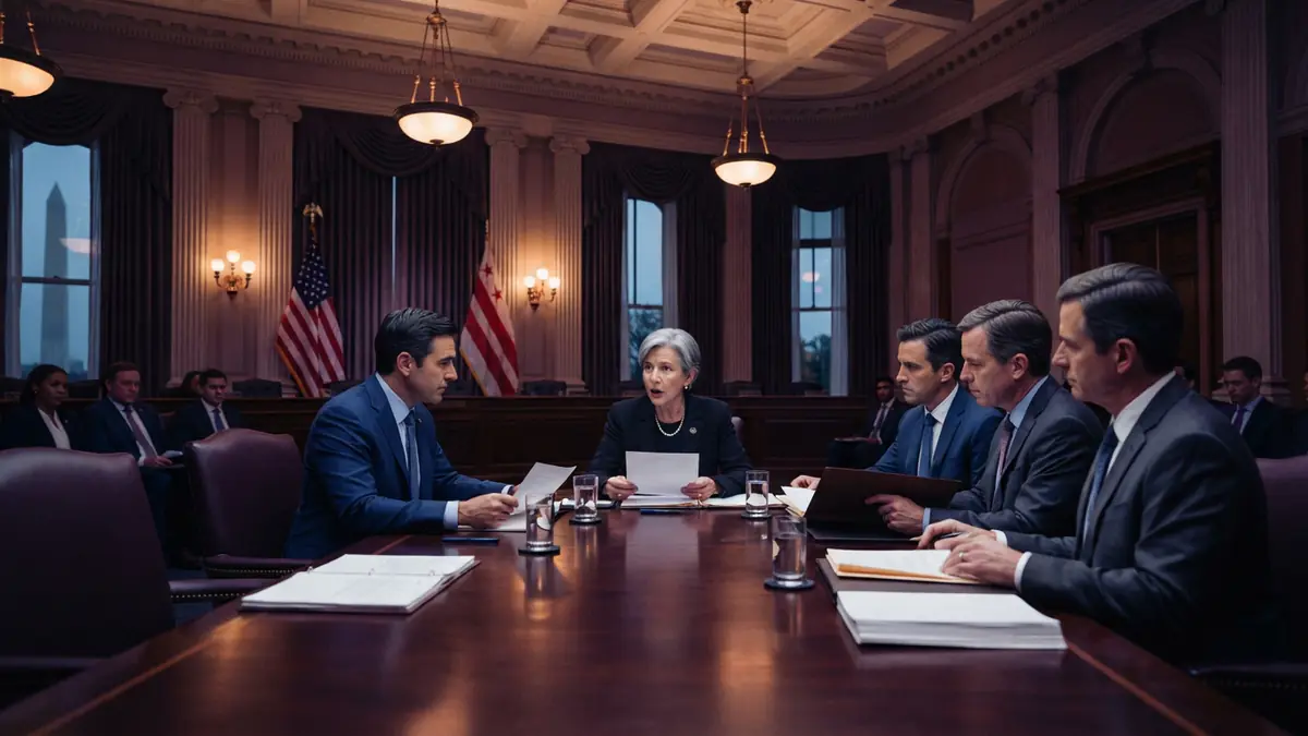 Illustration of government officials gathered around a conference table in an executive briefing room