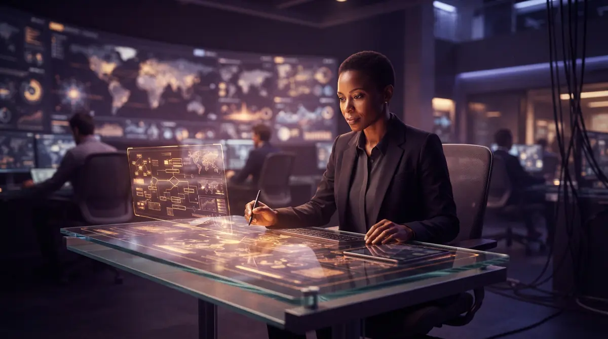 An intelligence officer reviewing data in a secure briefing center.