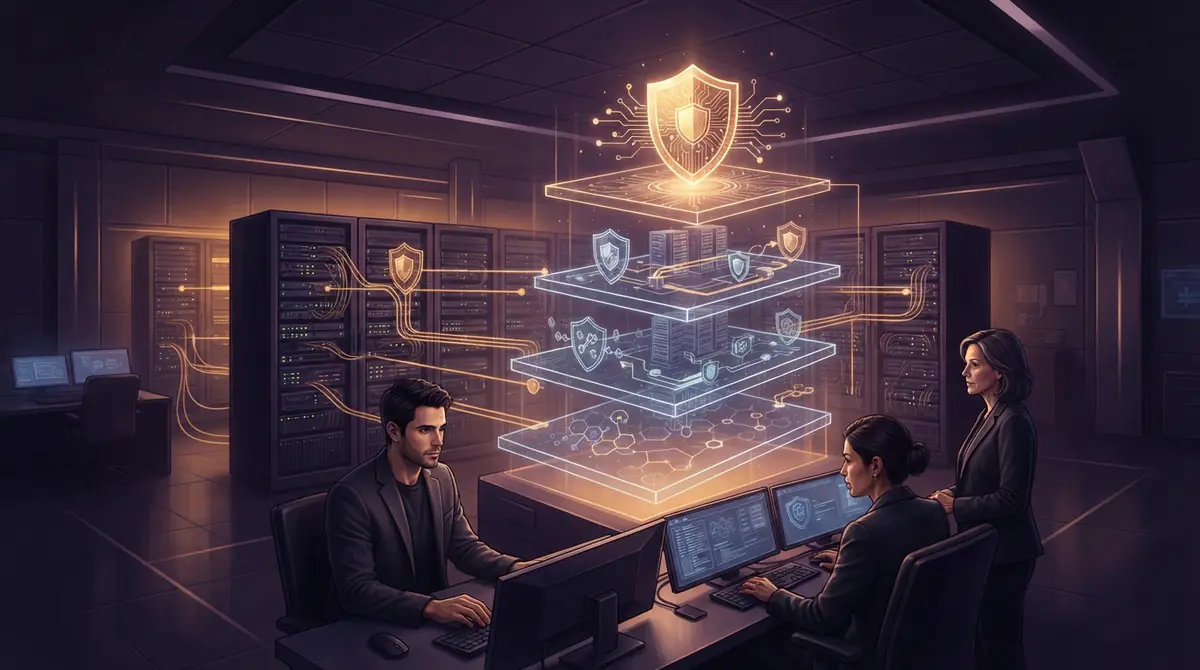 Illustration of a multi-tiered cybersecurity and AI audit architecture.