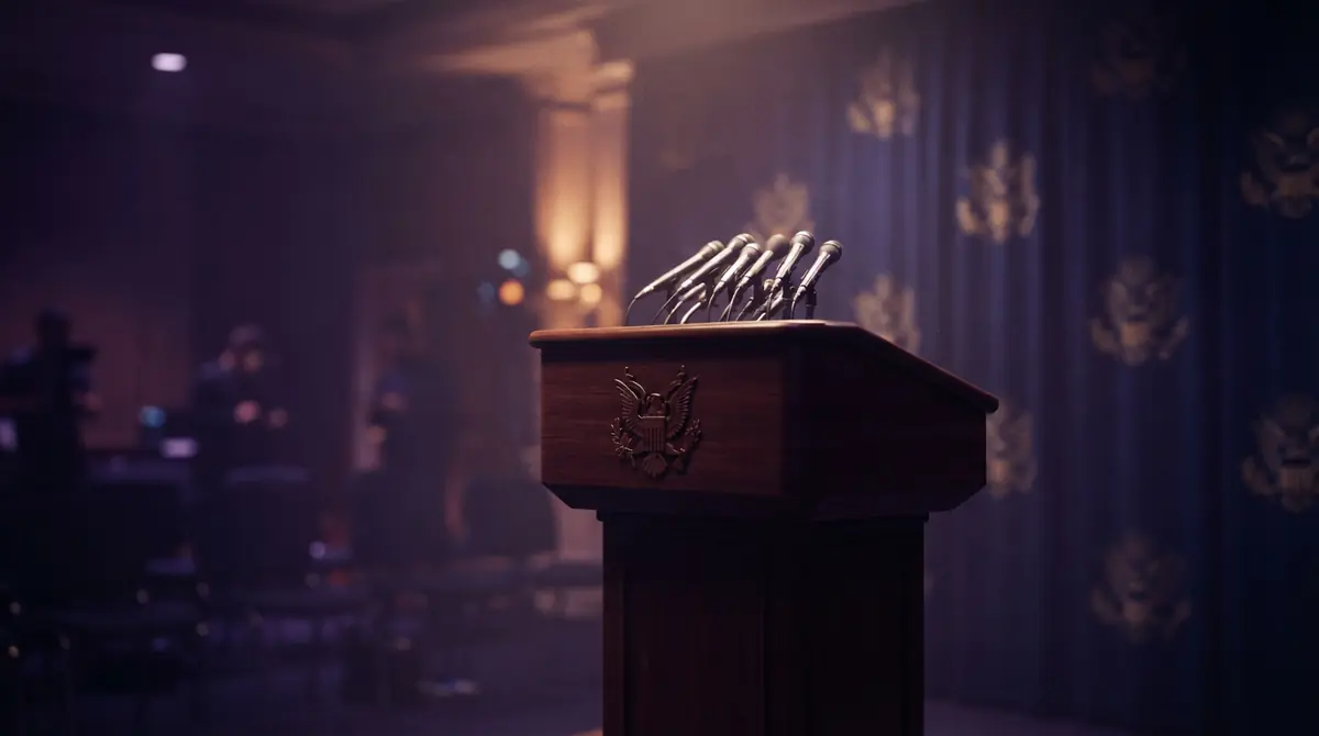 Illustration of an official government press briefing stage.