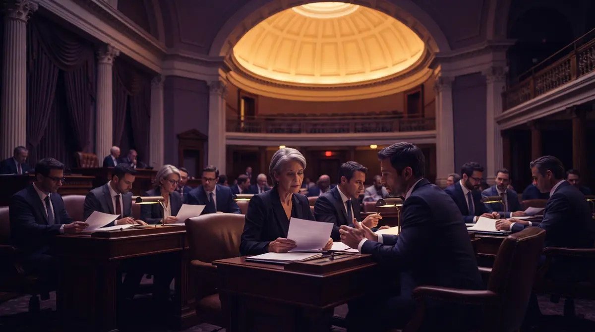 Illustration of lawmakers debating technology oversight in a legislative chamber.