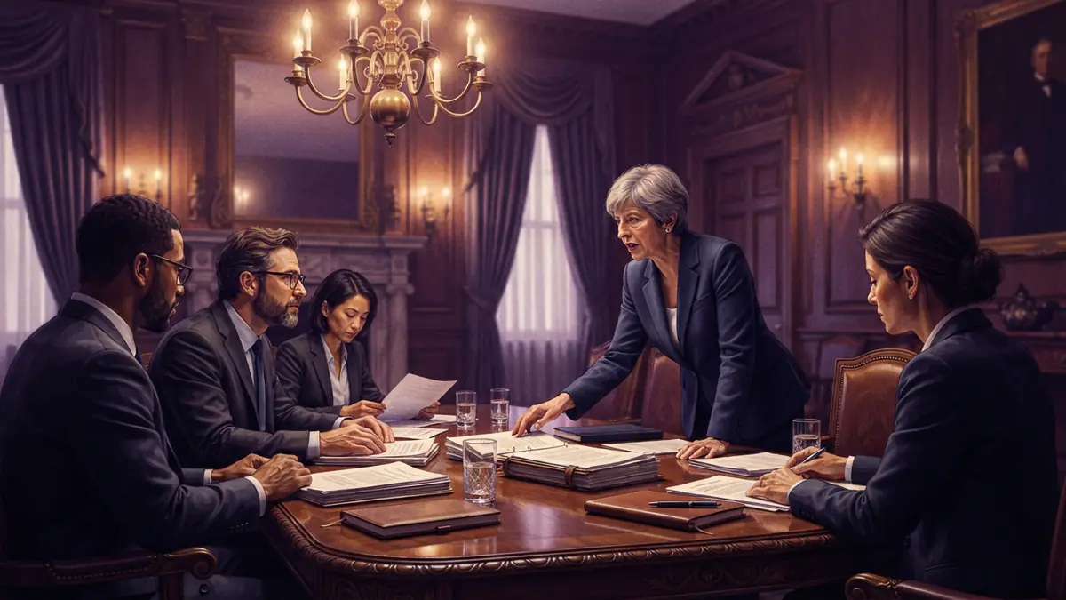 Illustration of technology executives and a political leader meeting at a formal government conference table.
