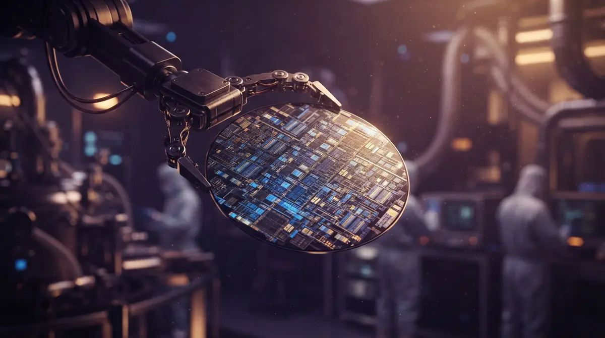 A close-up of a processed silicon wafer held by a robotic end-effector inside a fabrication facility
