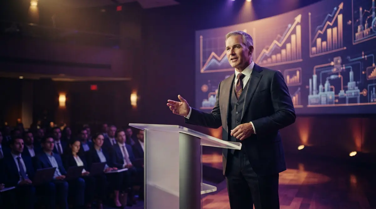 A corporate executive speaking from a presentation stage in front of charts and an audience of financial analysts