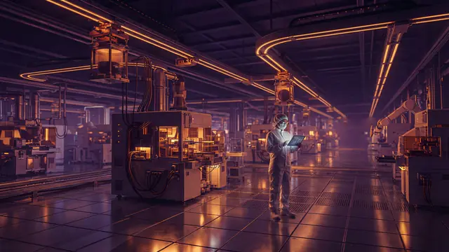 An automated semiconductor manufacturing cleanroom with robotic tracks and advanced lithography machinery