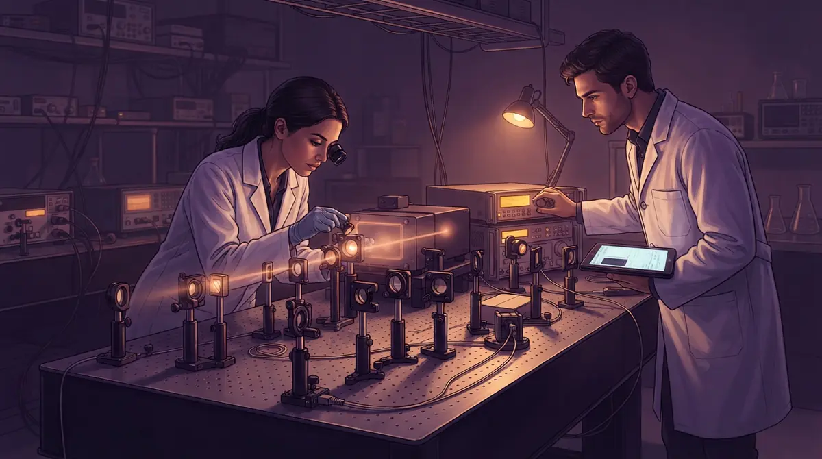 Physicists working at an optical table with laser hardware and measuring instruments