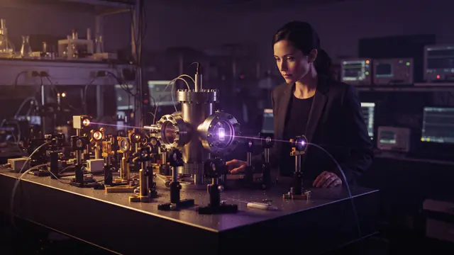 An ultraviolet laser focused into a vacuum chamber holding a crystal inside a physics laboratory