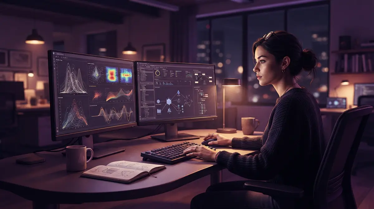 A software engineer examining structured data and probability outputs on computer monitors