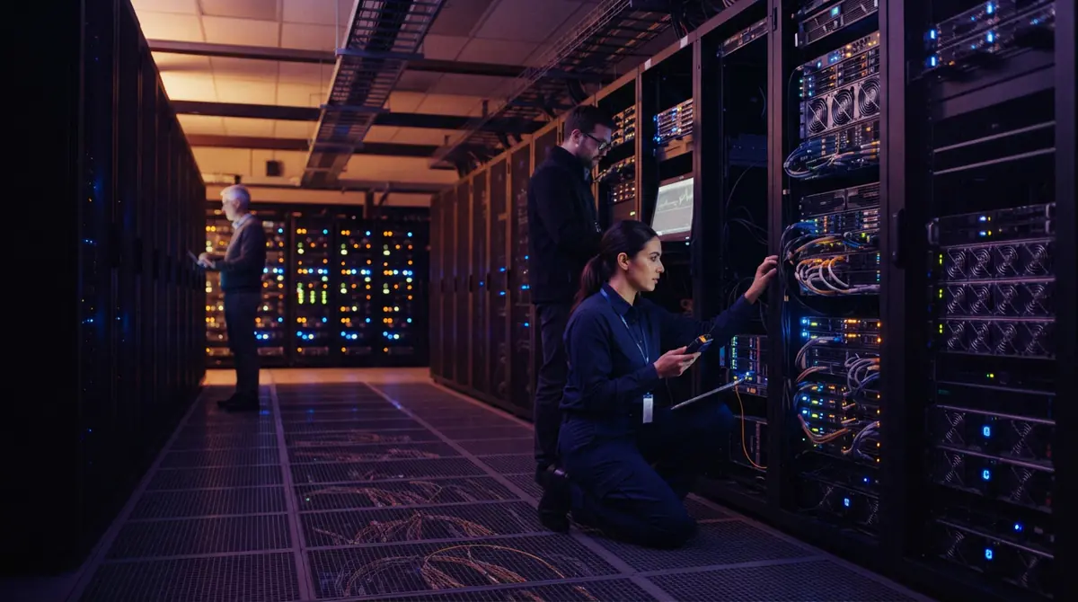 Enterprise datacenter racks with blue lighting and engineers monitoring low-latency computational clusters