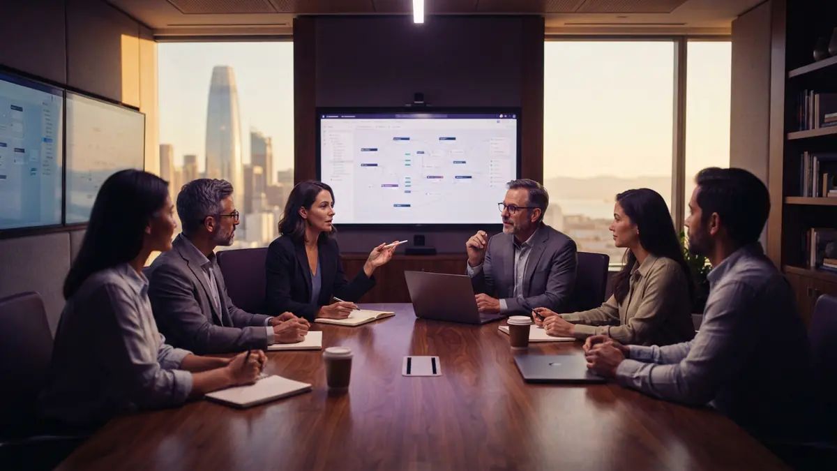 Technology founders and venture capital investors discussing software models in an office boardroom