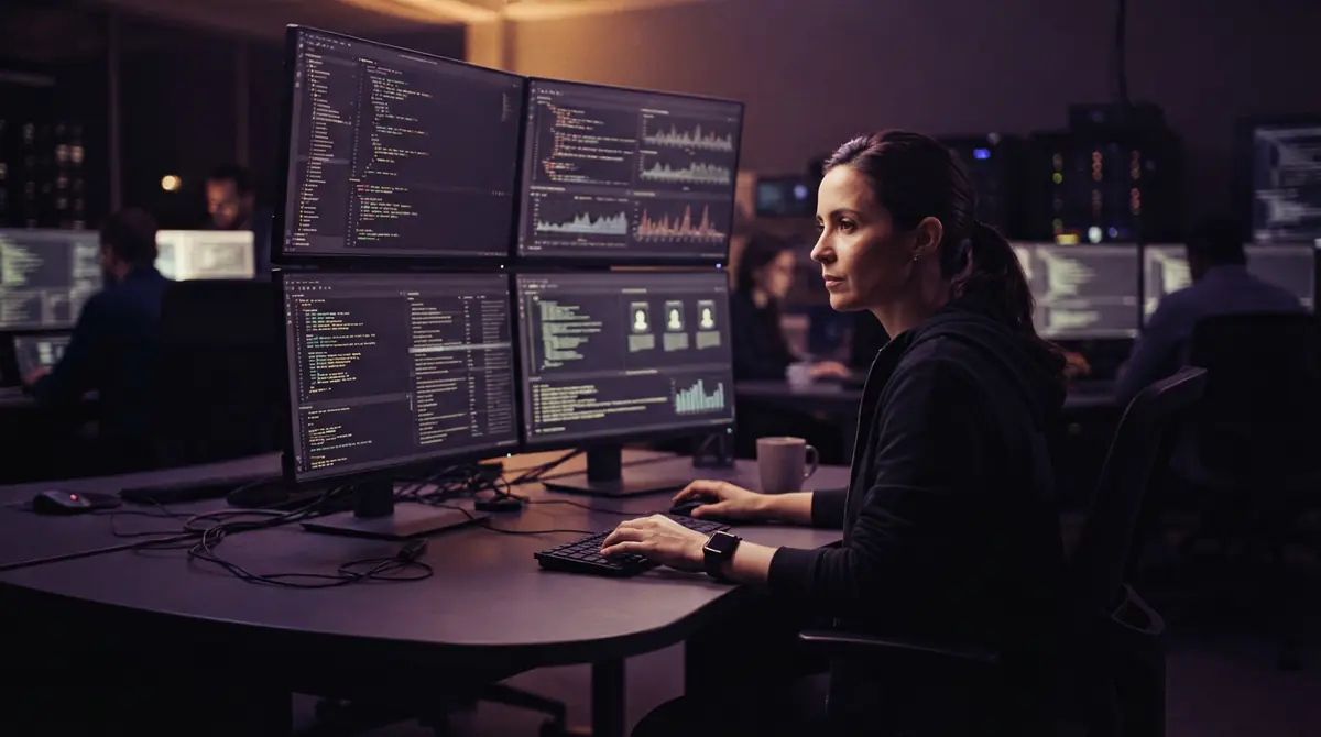 A software engineer conducting a code review and security audit on computer screens