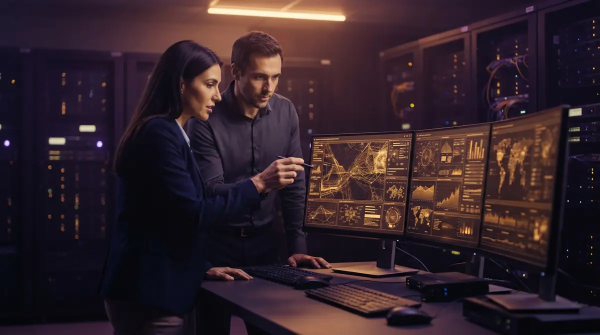 Scientists analyzing model evaluations on widescreen monitors in a government facility.