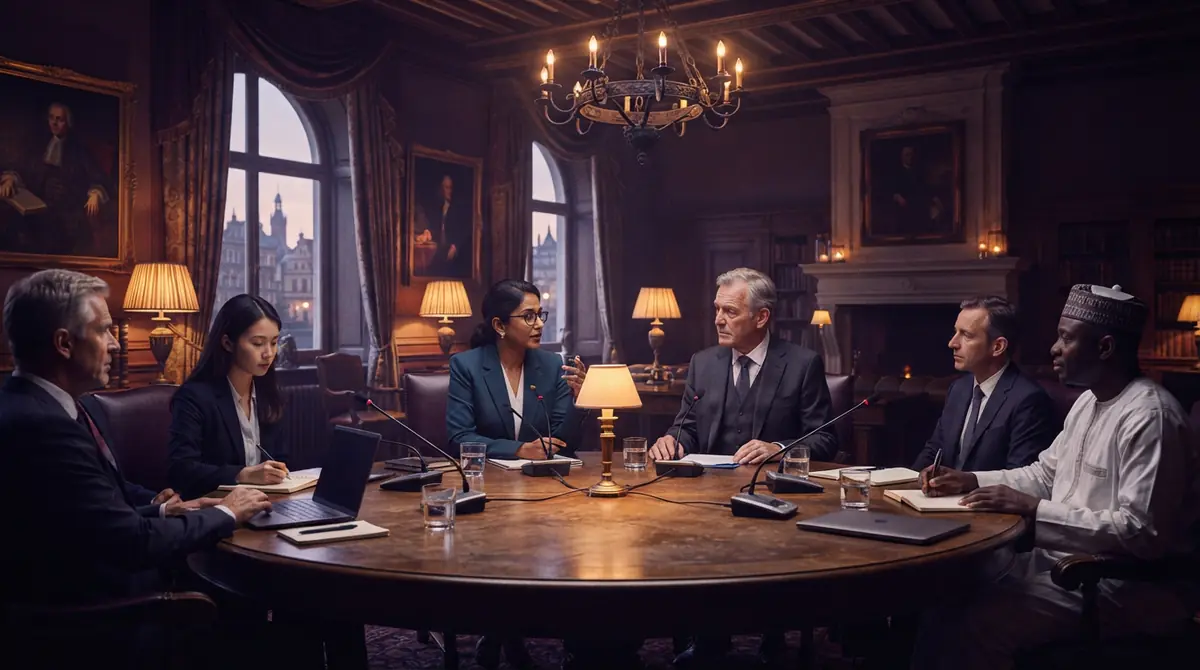 Government officials and technology leaders meeting around a circular conference table.