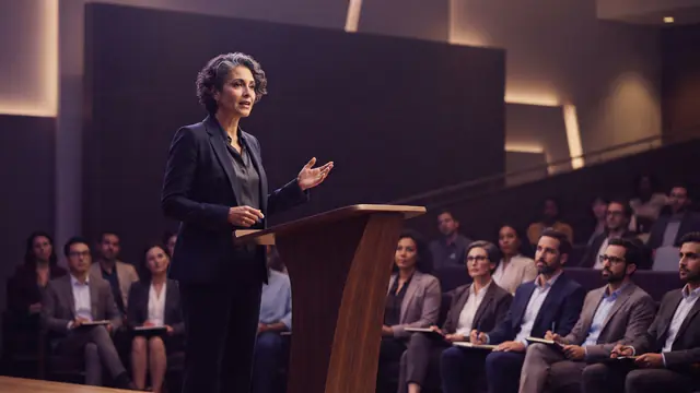 A government official speaking at a podium in a modern university technology auditorium.