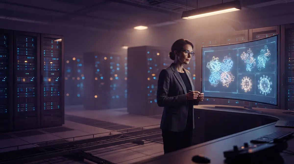A server room equipped with high-performance computing racks running biological modeling simulations