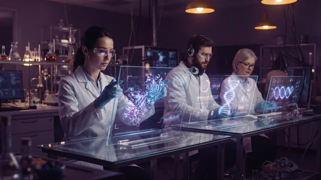 Scientists analyzing holographic biological data models inside a modern biosecurity research lab