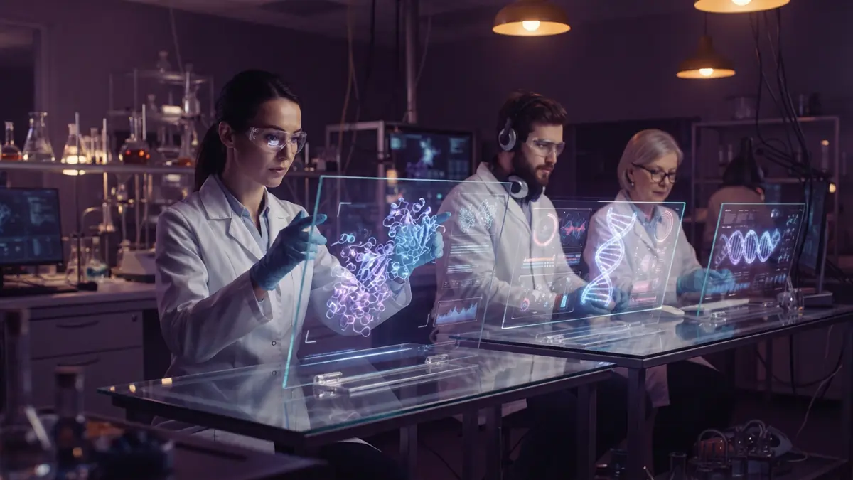 Scientists analyzing holographic biological data models inside a modern biosecurity research lab