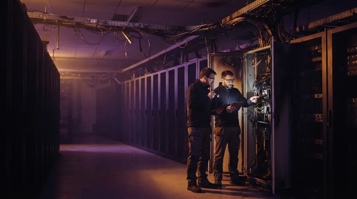 Decommissioned and damaged server racks standing in an industrial data center room under emergency lights.