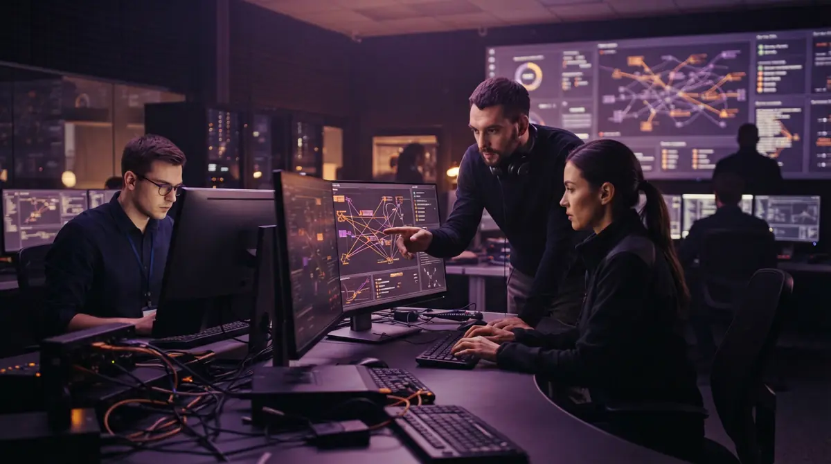 Network technicians observing service outage dashboards on control room monitors.