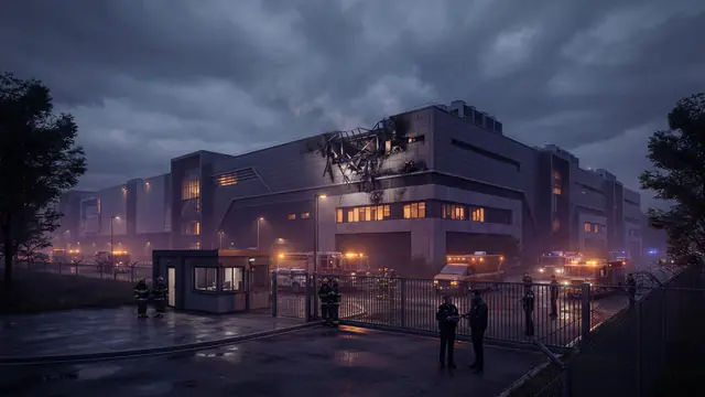 Exterior view of an industrial computing facility showing fire damage and emergency vehicles outside.