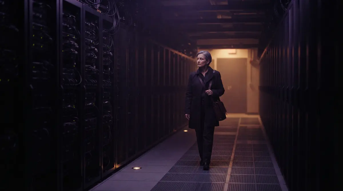 Darkened server aisles inside an offline data center with unlit rack status indicators.