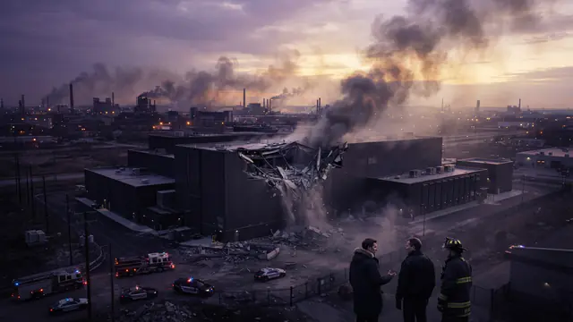 An aerial view of an industrial computing complex showing smoke and exterior damage.