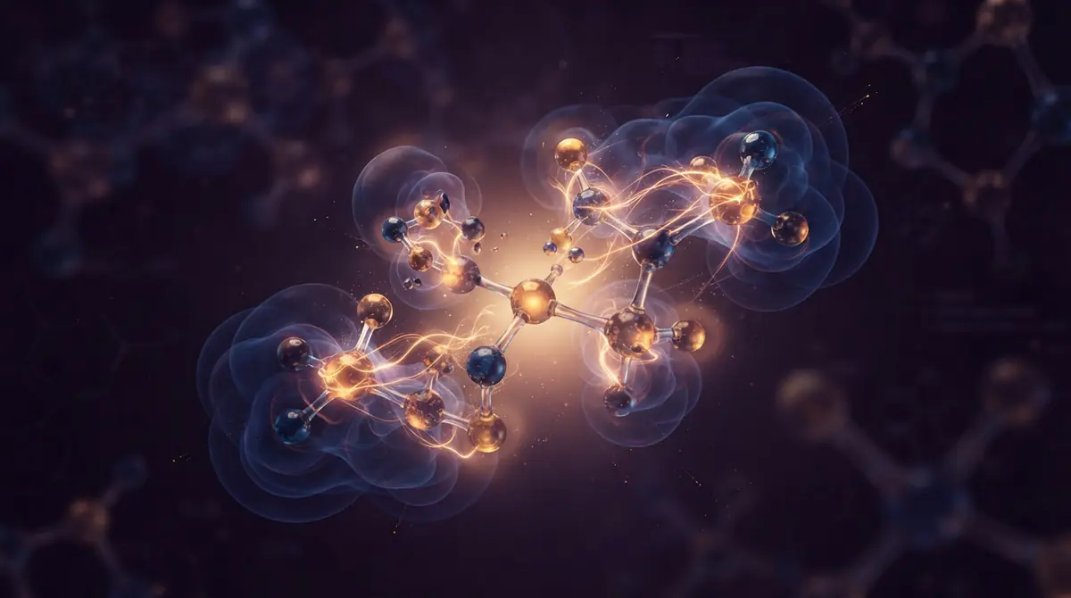 Illustration showing a molecule shifting electronic states at a conical intersection