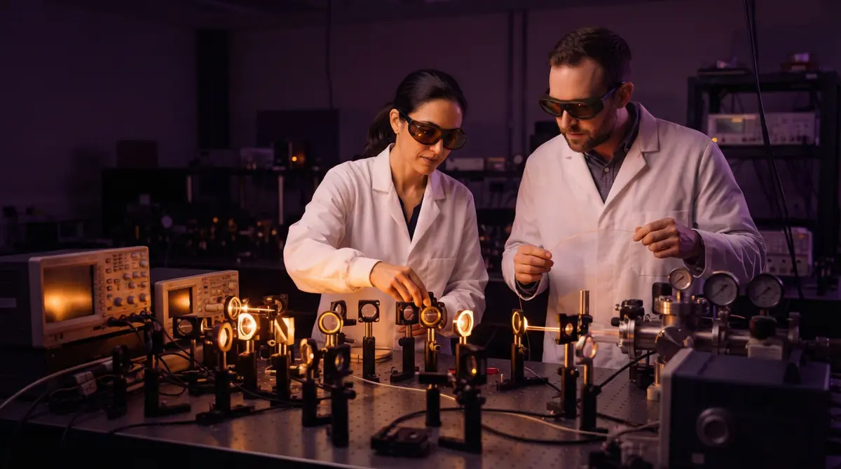 Illustration of researchers adjusting optical instruments on a laser measurement bench
