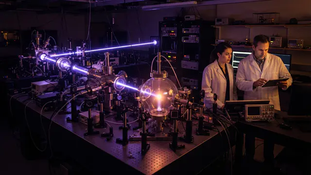 Artistic rendering of an ultrafast laser spectroscopy beamline setup with glowing UV pulses interacting with a molecular sample