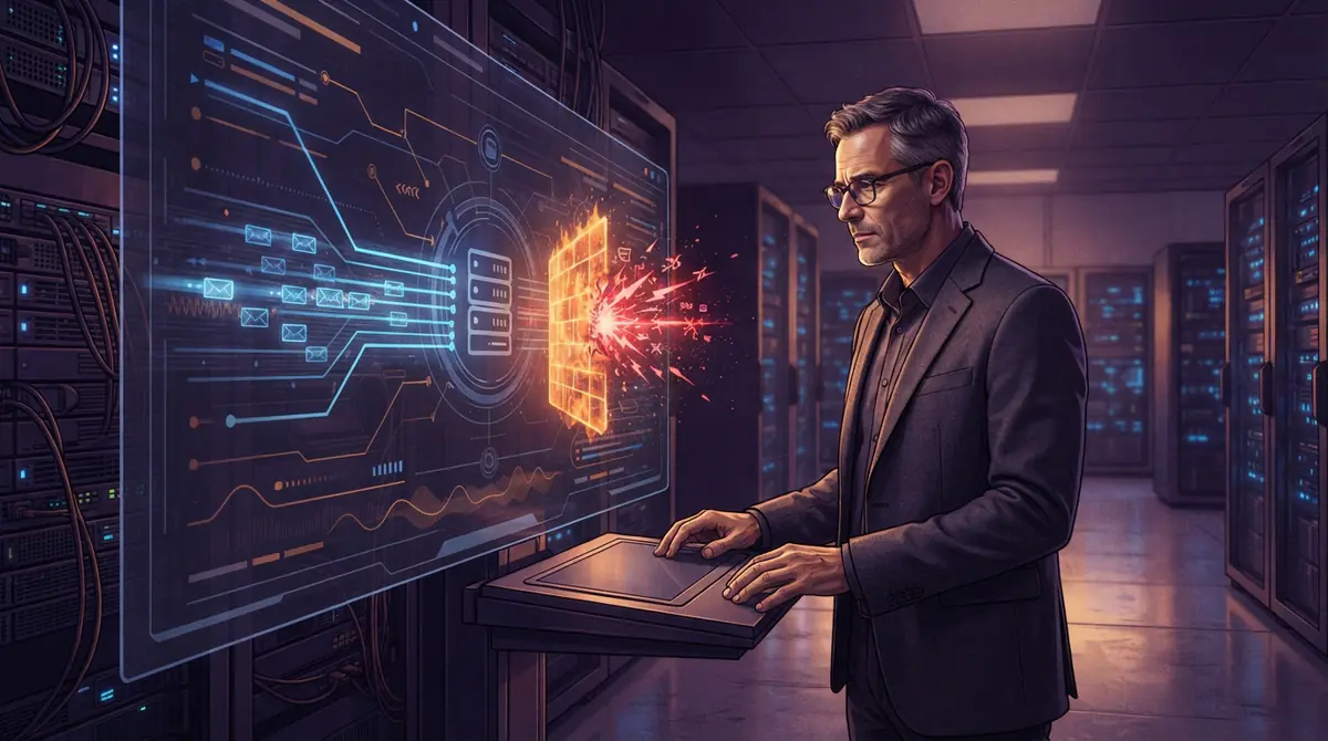 A digital firewall intercepting and stopping automated network traffic in a bank data center.