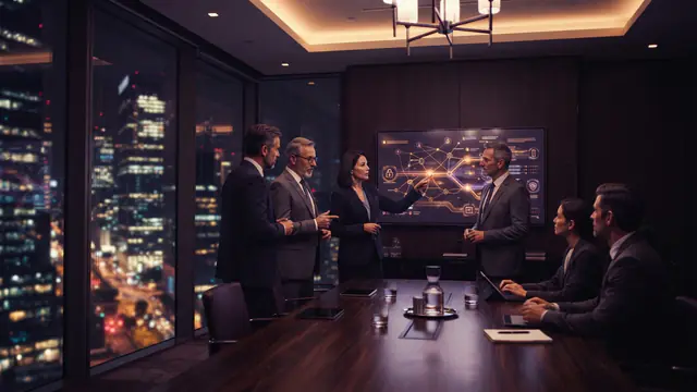 Bank executives discussing digital security policies in a boardroom setting.
