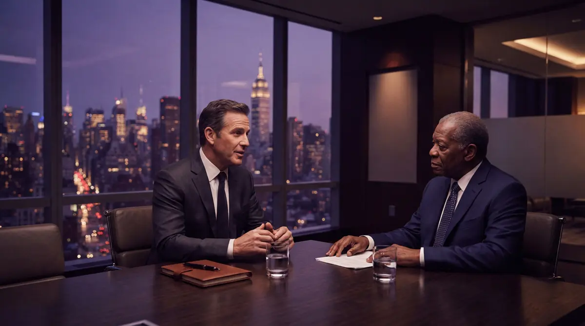 Government negotiators discussing bilateral agreements in a modern high-rise conference room