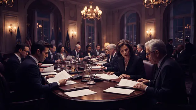 Diplomats and government officials seated at an international summit conference table discussing technology policy
