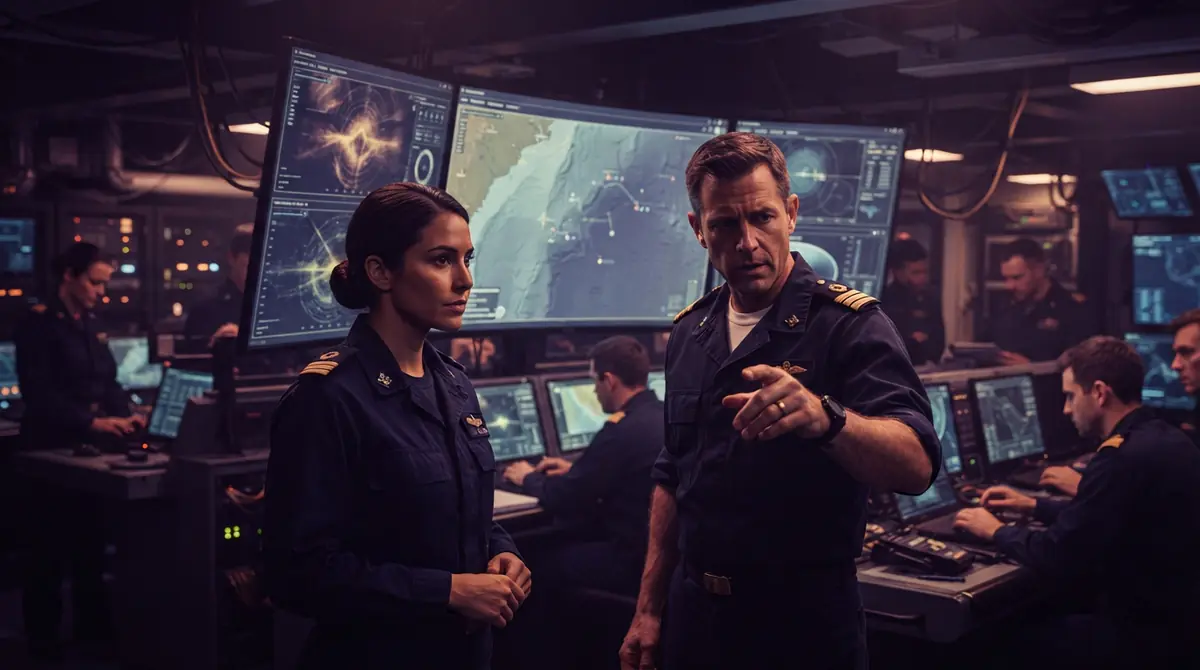 AI illustration of naval officers and engineers monitoring submarine telemetry in a control room.