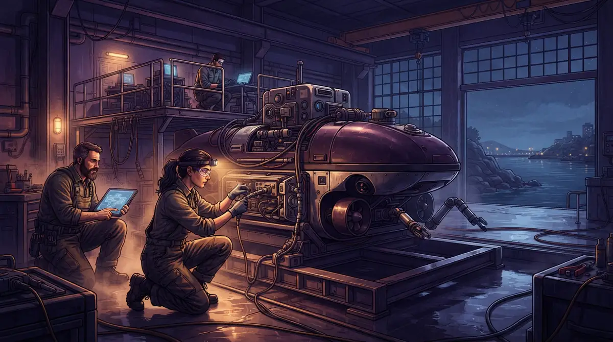 AI illustration of a robotic submarine undergoing technical integration in a coastal dock.
