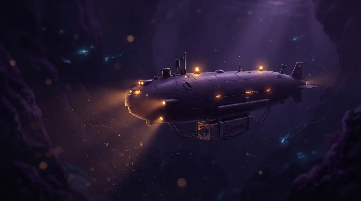 AI illustration of a deep-sea robotic drone submarine navigating dark waters.