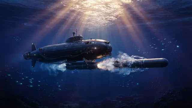 AI illustration of a sleek robotic submarine launching a torpedo underwater.