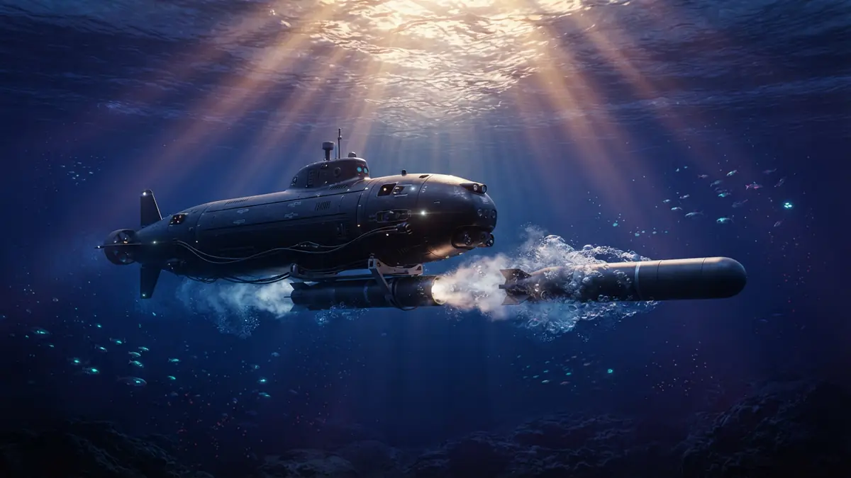 AI illustration of a sleek robotic submarine launching a torpedo underwater.
