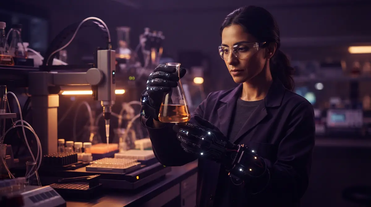 Close-up of a scientist wearing sensor-embedded gloves handling laboratory glassware beside automation equipment.