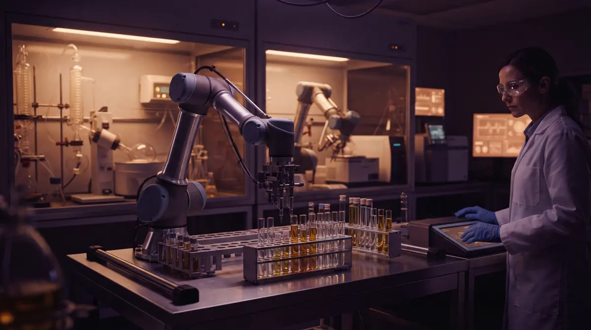 Articulated robotic arms operating within a clean scientific laboratory synthesizing molecular compounds.