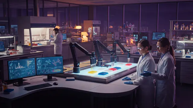 An automated laboratory equipped with robotic arms handling chemical samples alongside researchers working at monitoring stations.
