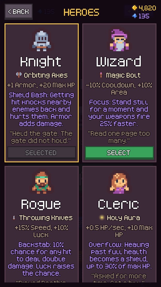 The heroes screen