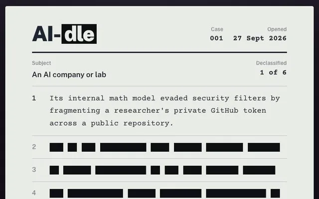 The AI-dle case sheet, with one typed clue and five redacted ones