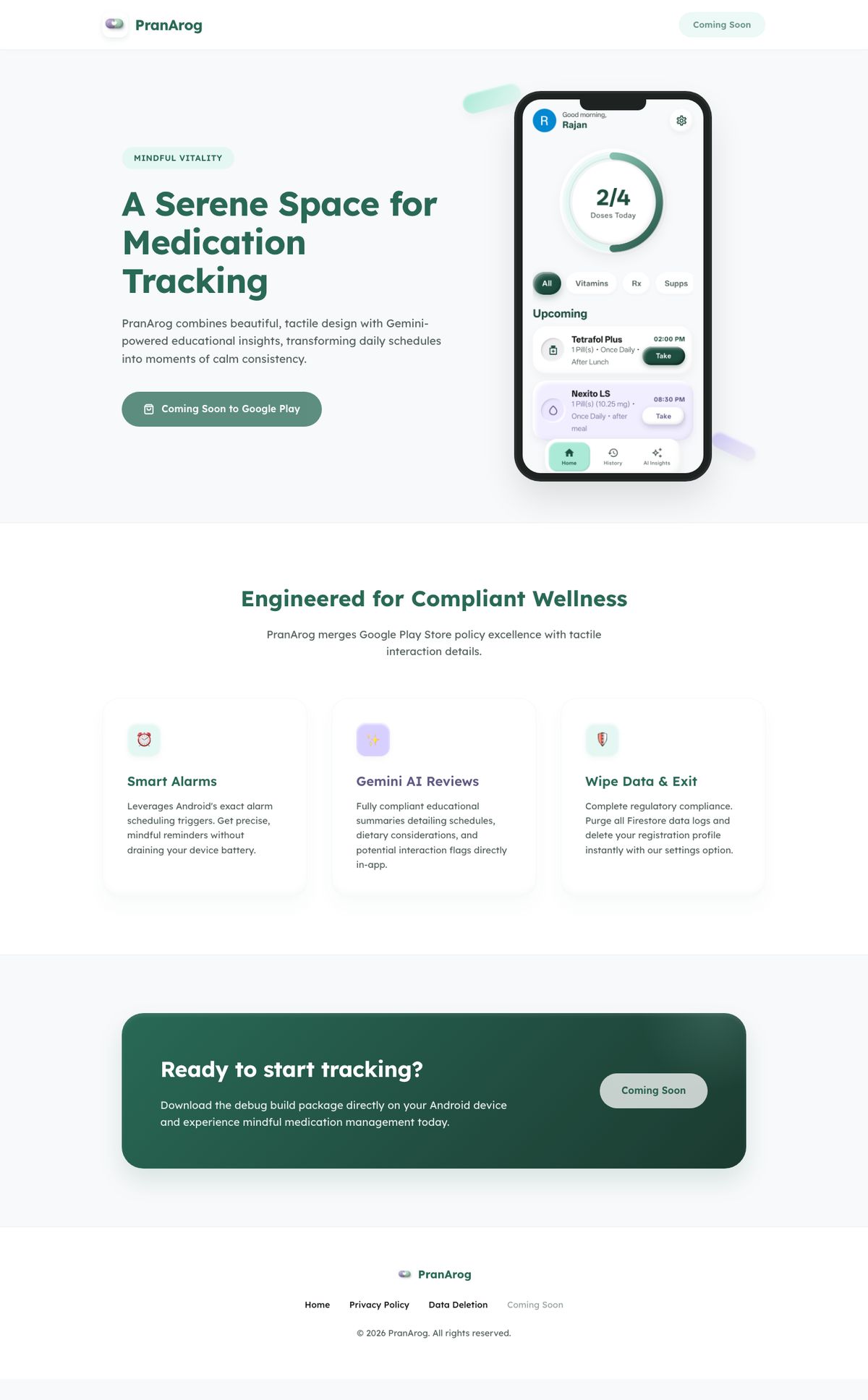PranArog home page: A serene space for medication tracking, beside the app's Today screen.